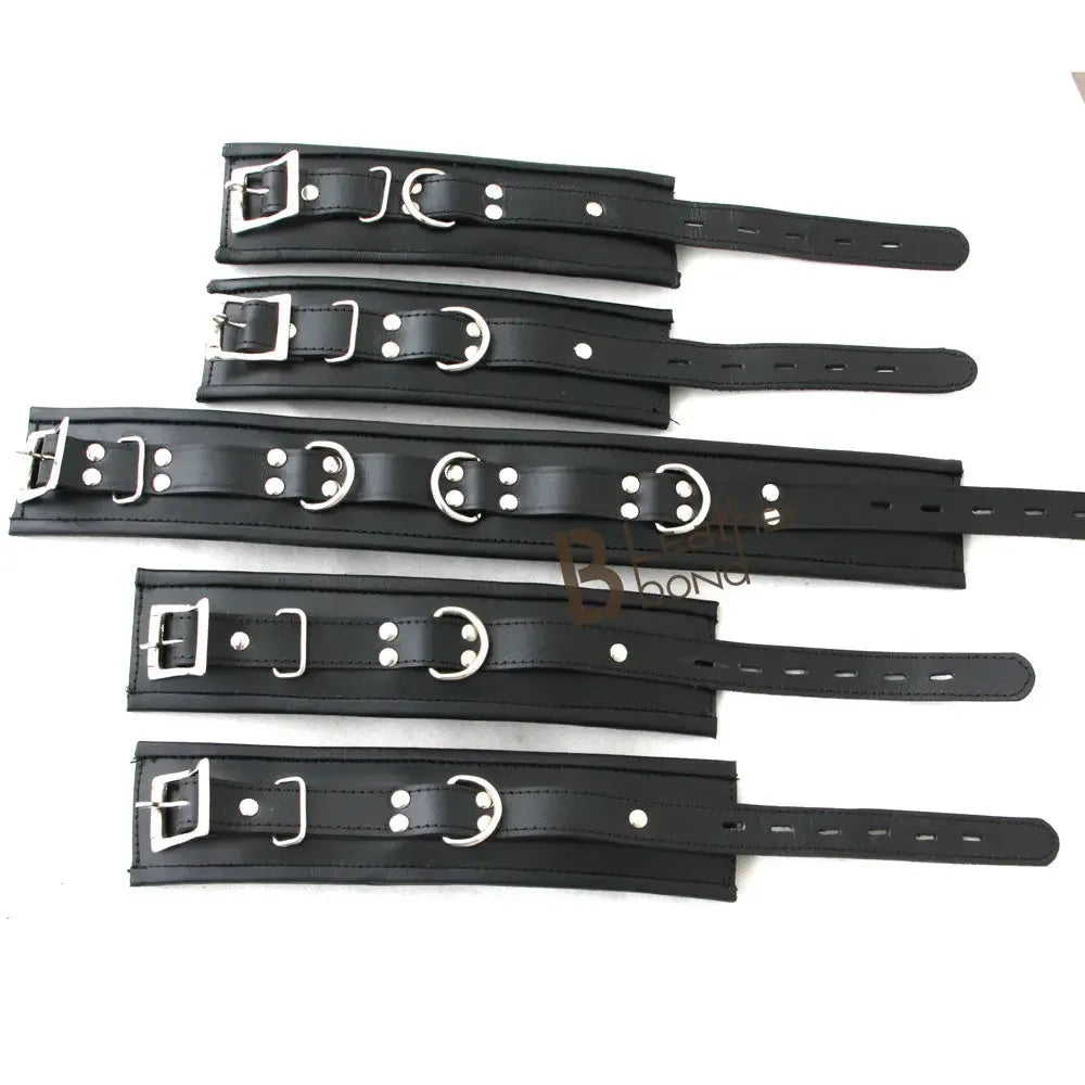 Real Cow Leather Wrist, Ankle Cuffs & Neck Collar Restraint Bondage Set Black 5 Piece set Padded Cuffs Lockable