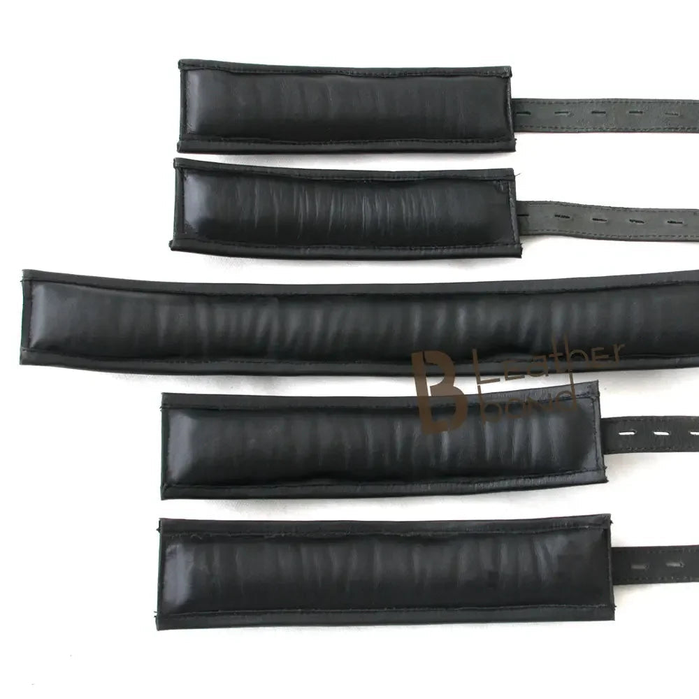 Real Cow Leather Wrist, Ankle Cuffs & Neck Collar Restraint Bondage Set Black 5 Piece set Padded Cuffs Lockable