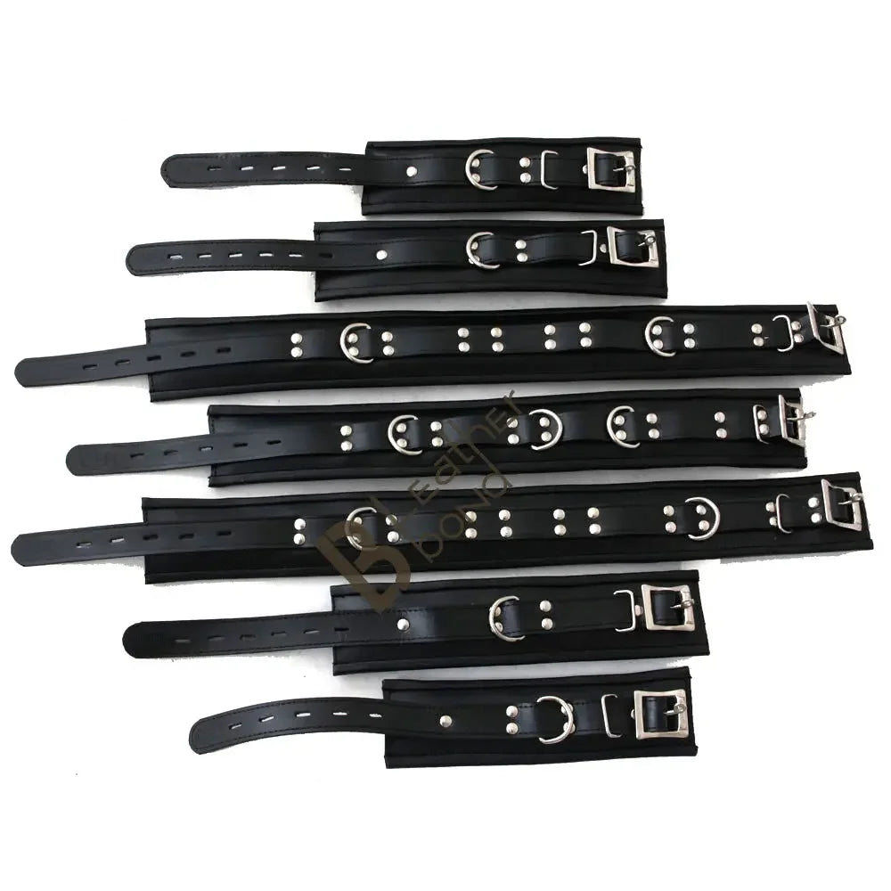 Real Leather Wrist, Ankle & Thigh Cuffs with Collar & Hogtie Complete Restraint Bondage Set | Black