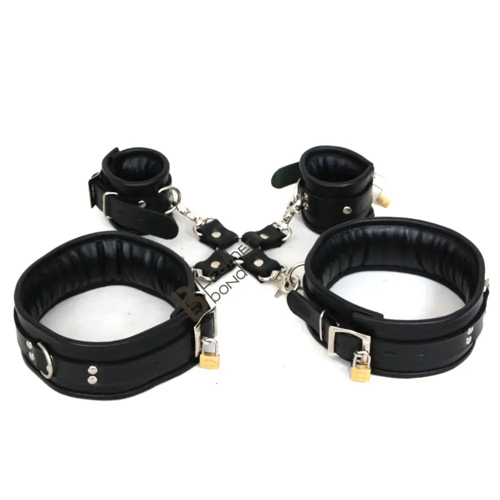 Real Leather 5-Piece Padded Lockable Wrist & Thigh Cuffs Restraint Bondage Set with Hogtie | Black