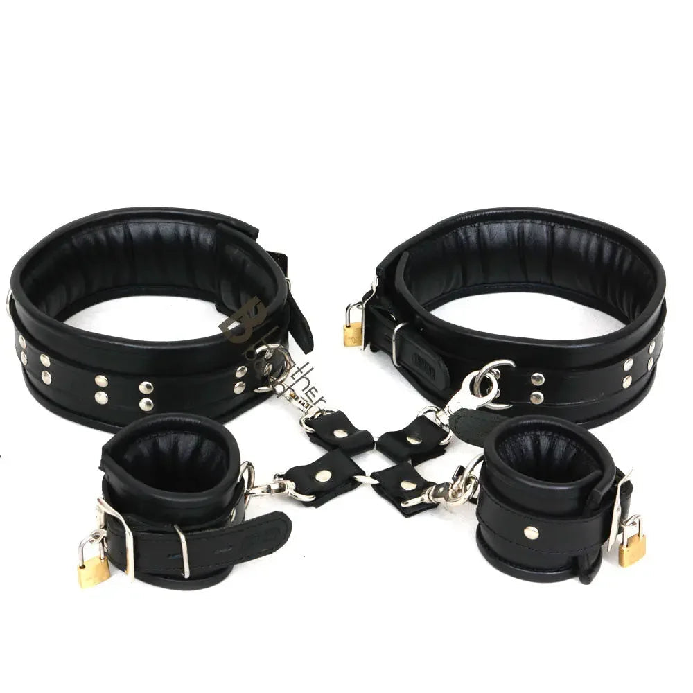 Real Leather 5-Piece Padded Lockable Wrist & Thigh Cuffs Restraint Bondage Set with Hogtie | Black