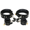 Real Leather 5-Piece Padded Lockable Wrist & Thigh Cuffs Restraint Bondage Set with Hogtie | Black