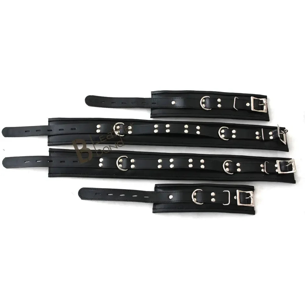 Real Leather 5-Piece Padded Lockable Wrist & Thigh Cuffs Restraint Bondage Set with Hogtie | Black