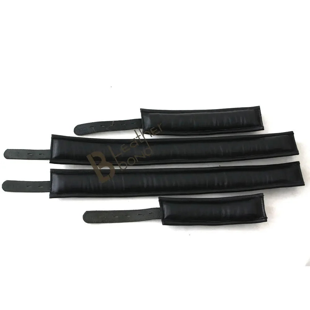 Real Leather 5-Piece Padded Lockable Wrist & Thigh Cuffs Restraint Bondage Set with Hogtie | Black