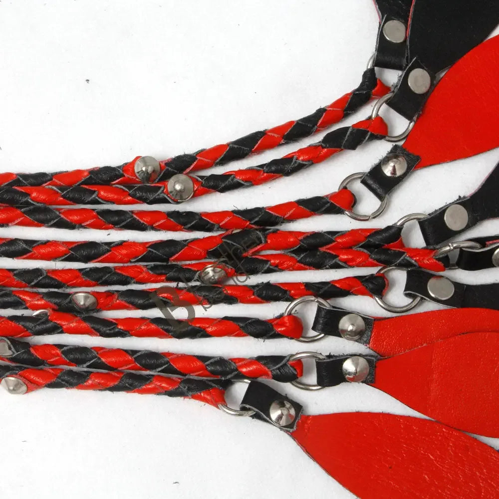 Real Leather Flogger Bull Hide Leather Flogger whip 09 Braided Falls Cat-o-nine Tails Steel Studs Red Black