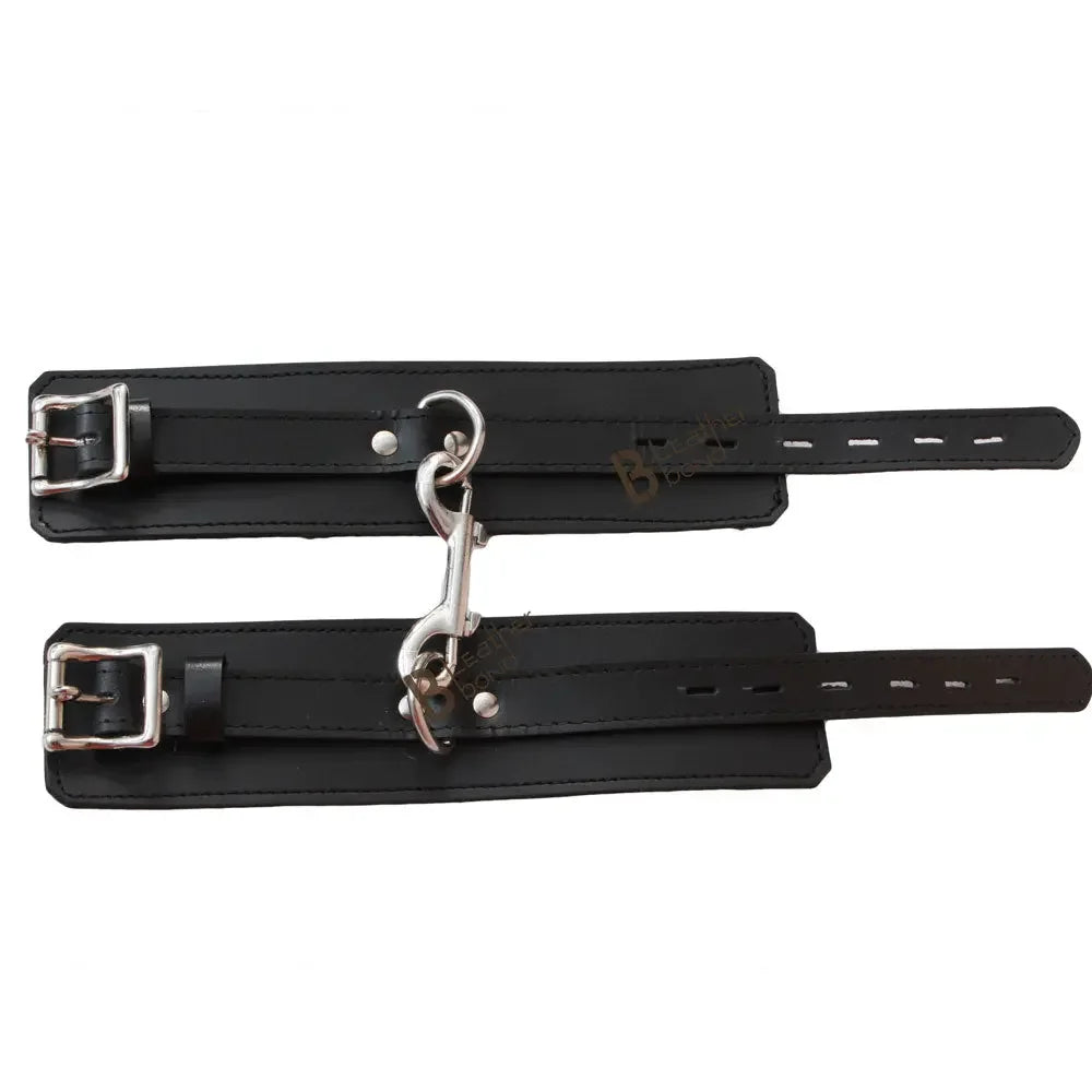 Real Cowhide Leather 2-Piece Fur-Lined Wrist Cuffs Restraint Bondage Set with Connector | Black