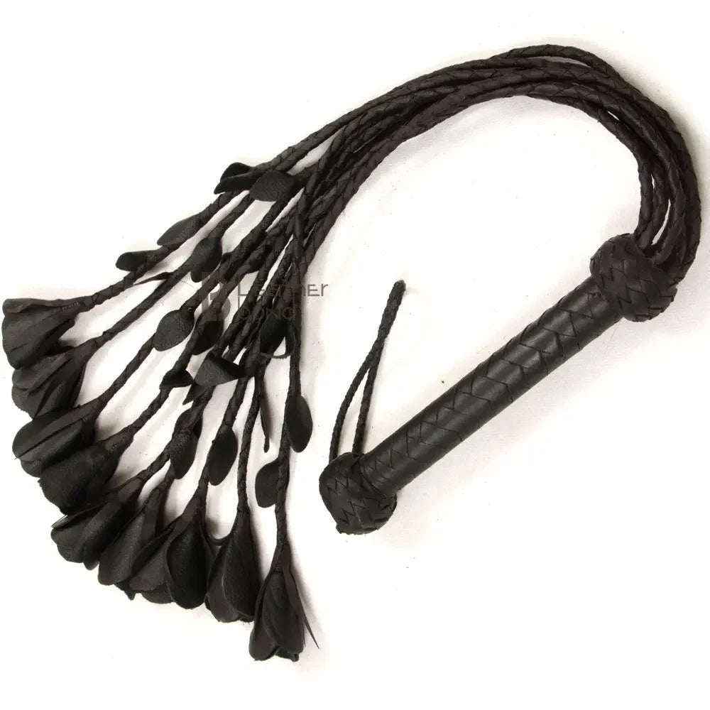Real Genuine Cow Hide Leather Flogger 9 Braided Falls & Black Rose Heavy Duty Cat-o-nine Tails Flogger