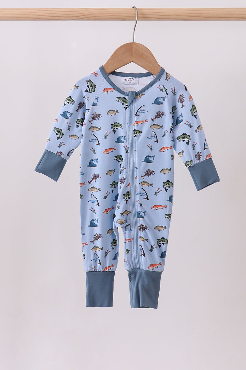 Green fish print bamboo romper