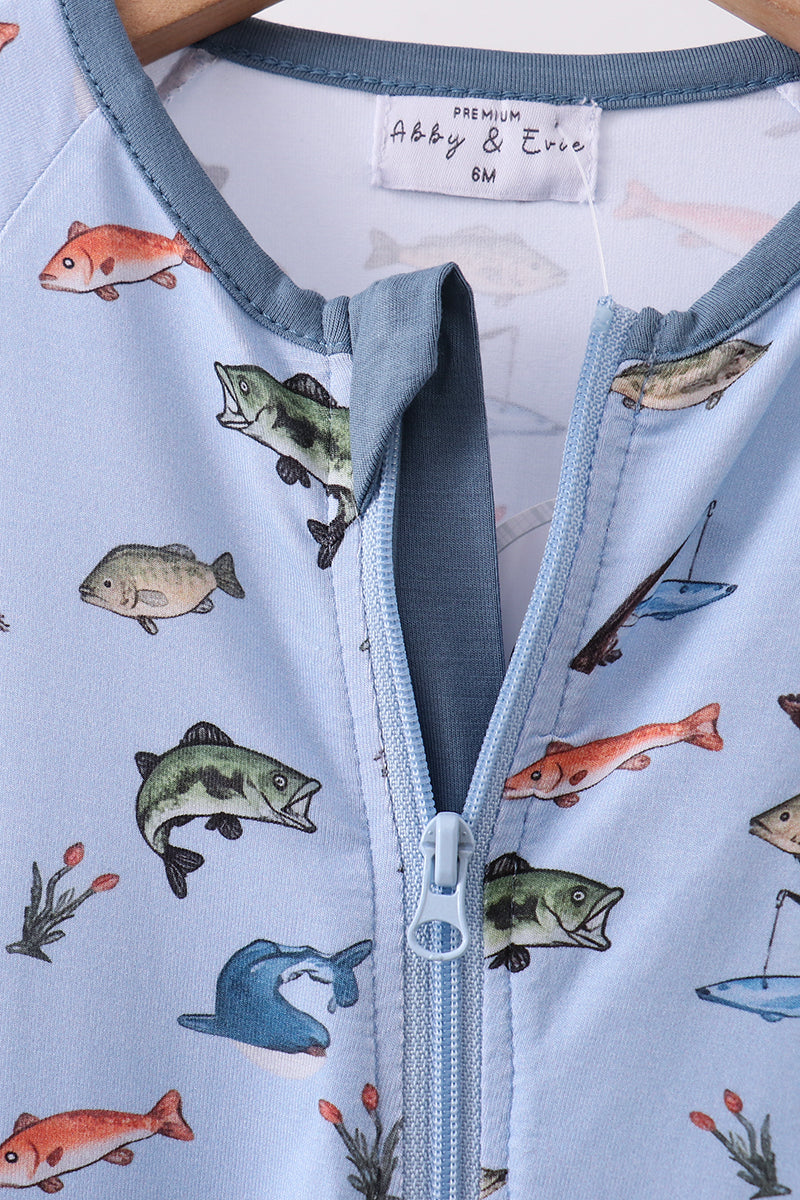 Green fish print bamboo romper