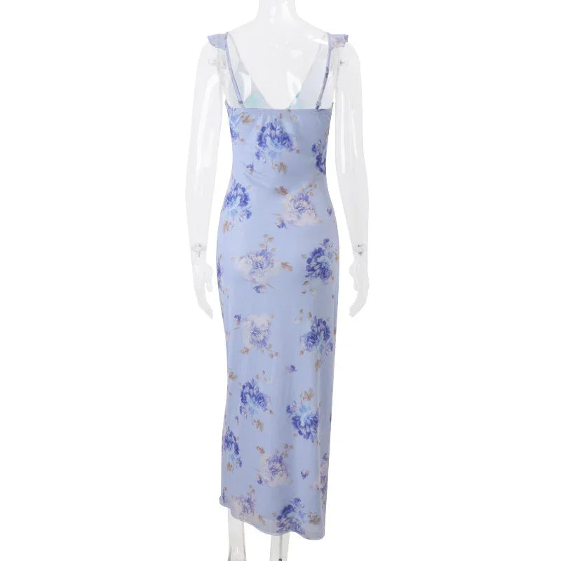 Yellow Floral Maxi Dress | Retro V-Neck Summer Party Gown -femstylo