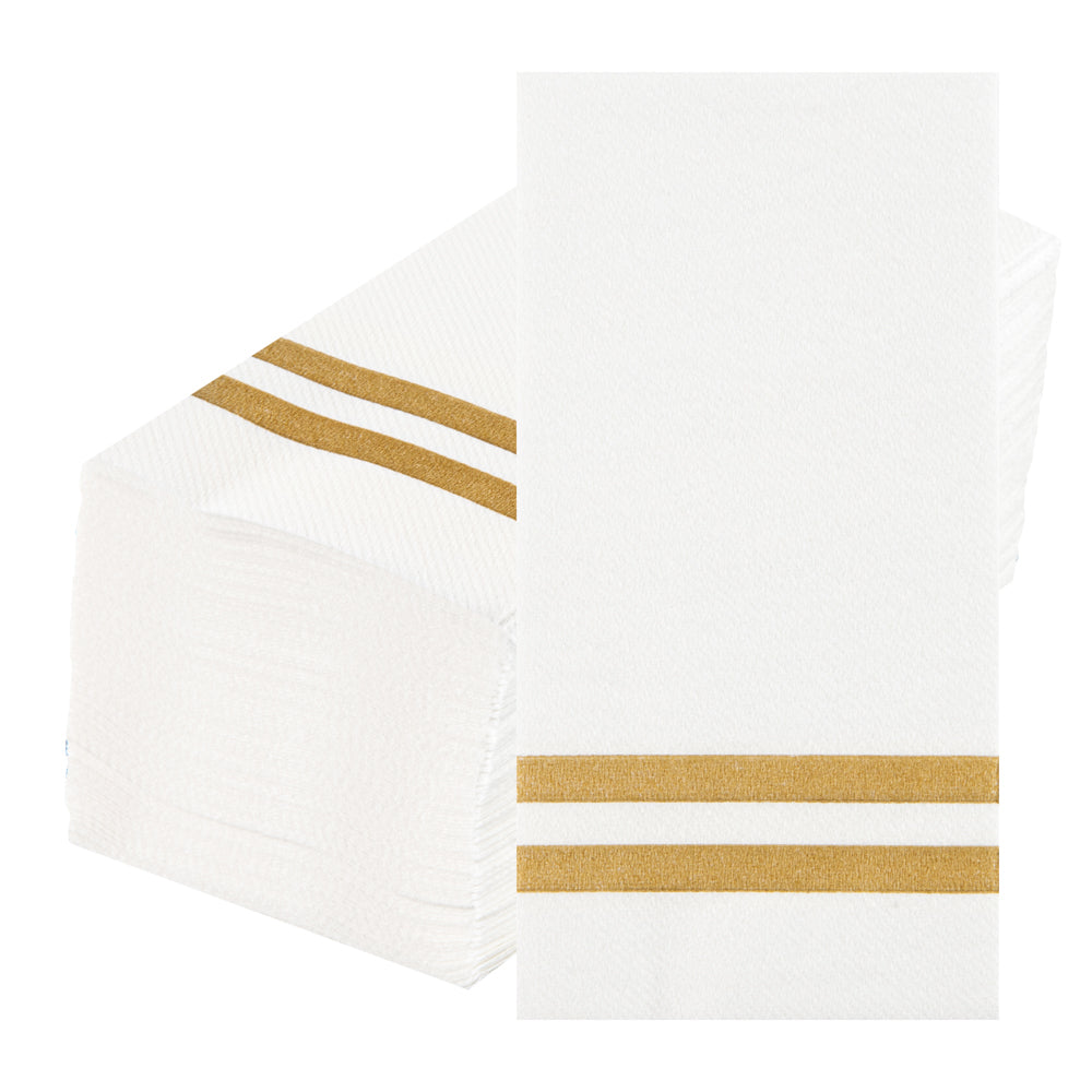 Luxenap Rectangle Gold Striped White Paper Linen-Feel Guest Towel / Napkin - Air Laid - 15 3/4" x 8" - 50 count box