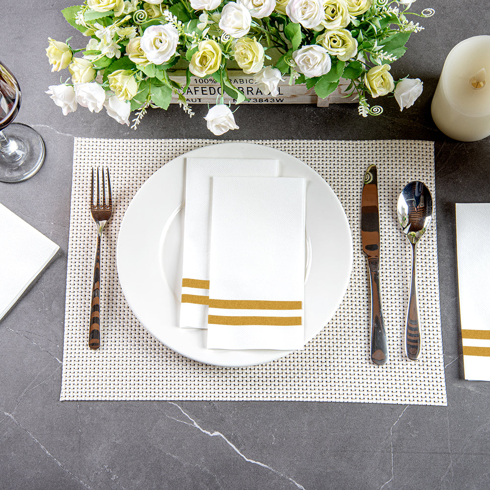 Luxenap Rectangle Gold Striped White Paper Linen-Feel Guest Towel / Napkin - Air Laid - 15 3/4" x 8" - 50 count box