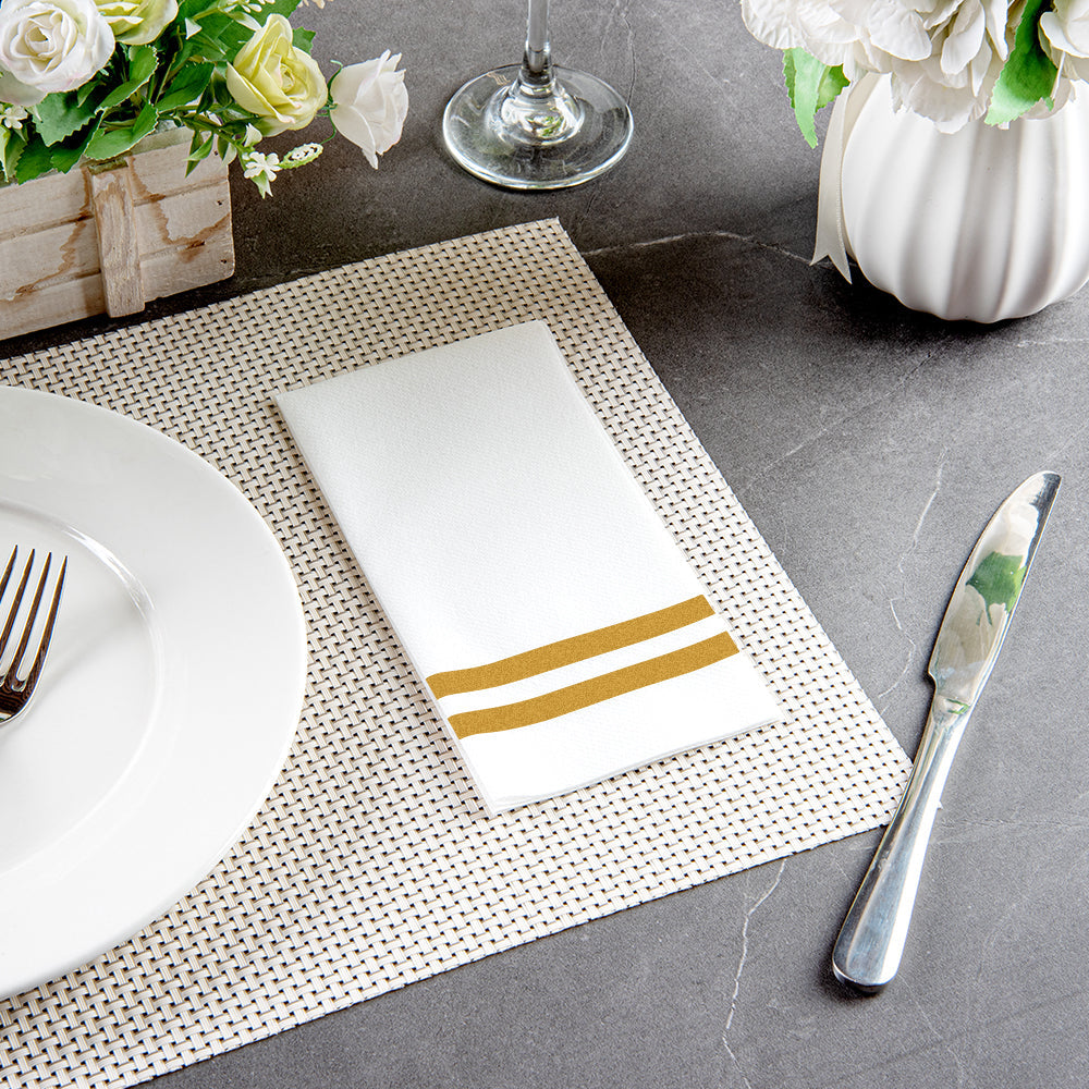 Luxenap Rectangle Gold Striped White Paper Linen-Feel Guest Towel / Napkin - Air Laid - 15 3/4" x 8" - 50 count box