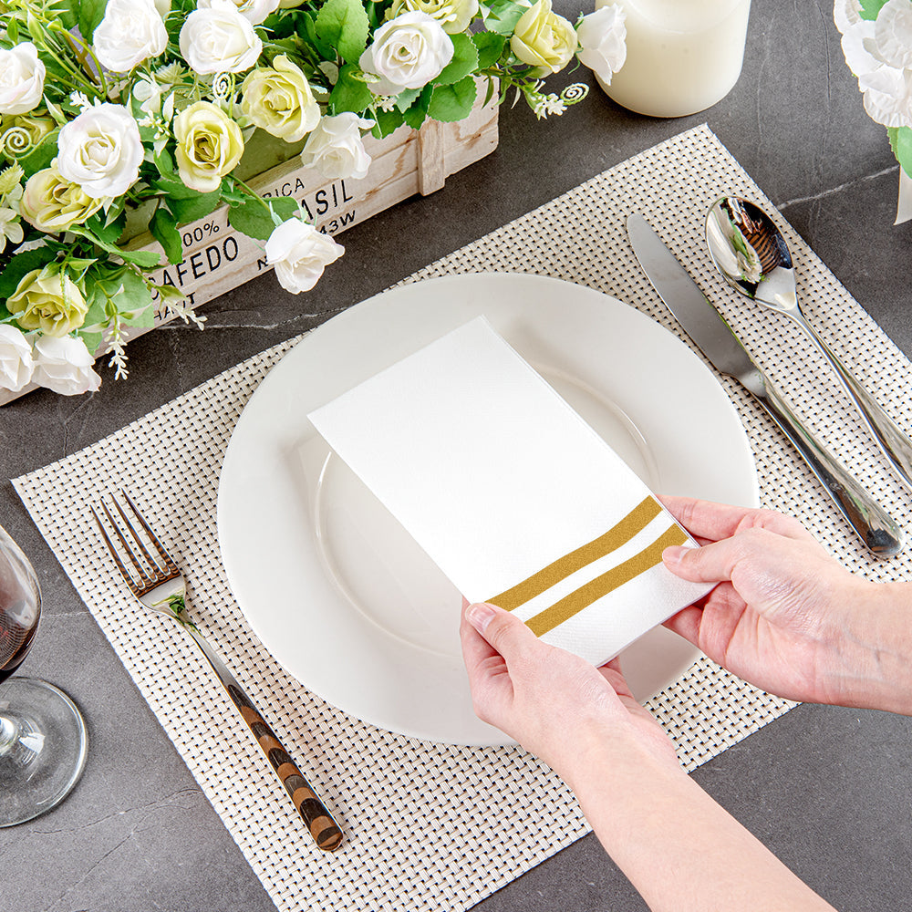 Luxenap Rectangle Gold Striped White Paper Linen-Feel Guest Towel / Napkin - Air Laid - 15 3/4" x 8" - 50 count box
