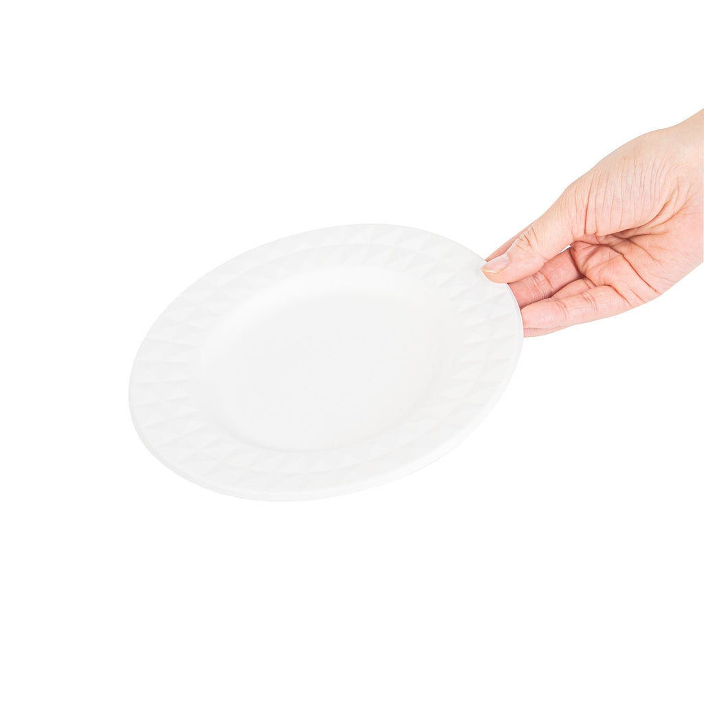 Pulp Safe No PFAS Added Round White Sugarcane / Bagasse Plate - Home Compostable, with Diamond Rim - 7" x 7" x 1/2" - 25 count box