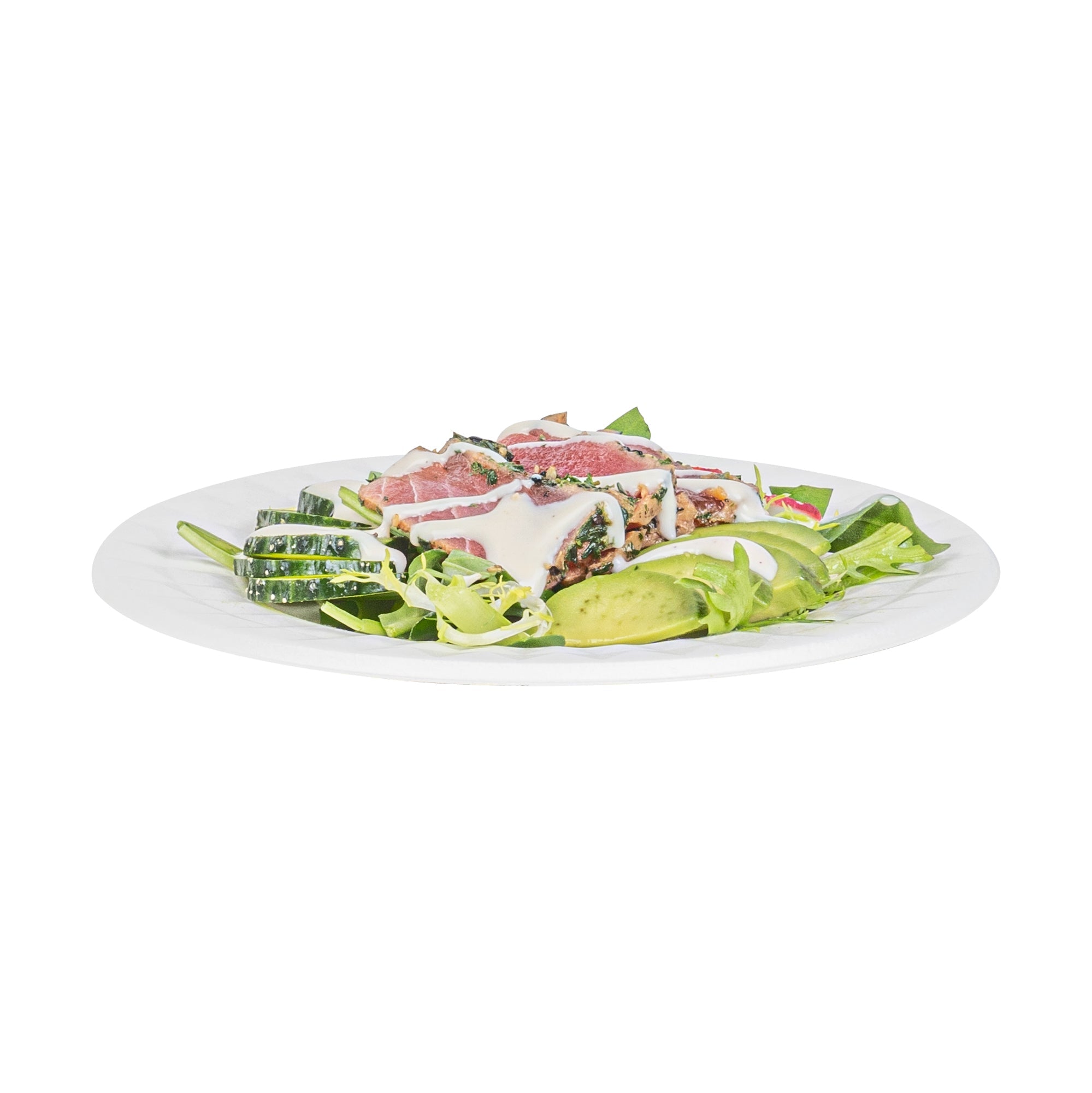 Pulp Safe No PFAS Added Round White Sugarcane / Bagasse Plate - Home Compostable, with Diamond Rim - 7" x 7" x 1/2" - 25 count box
