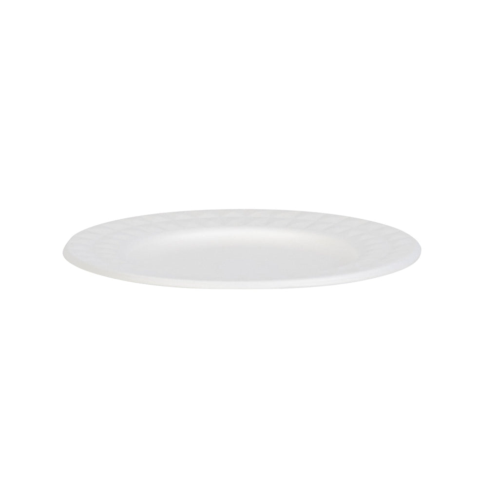 Pulp Safe No PFAS Added Round White Sugarcane / Bagasse Plate - Home Compostable, with Diamond Rim - 7" x 7" x 1/2" - 25 count box