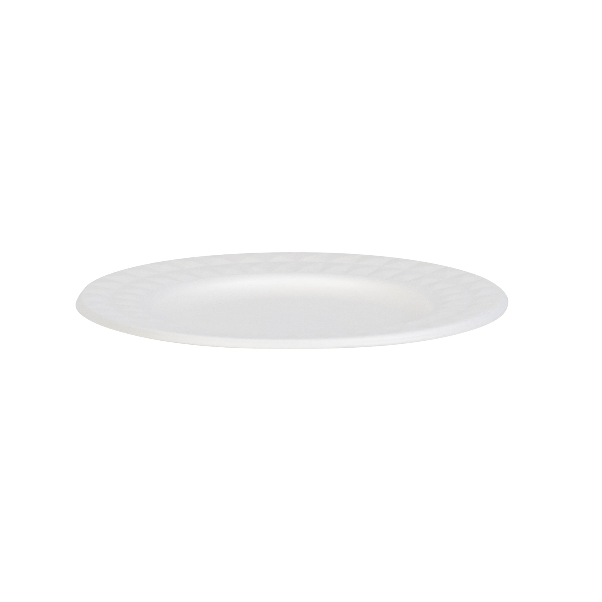 Pulp Safe No PFAS Added Round White Sugarcane / Bagasse Plate - Home Compostable, with Diamond Rim - 7" x 7" x 1/2" - 25 count box