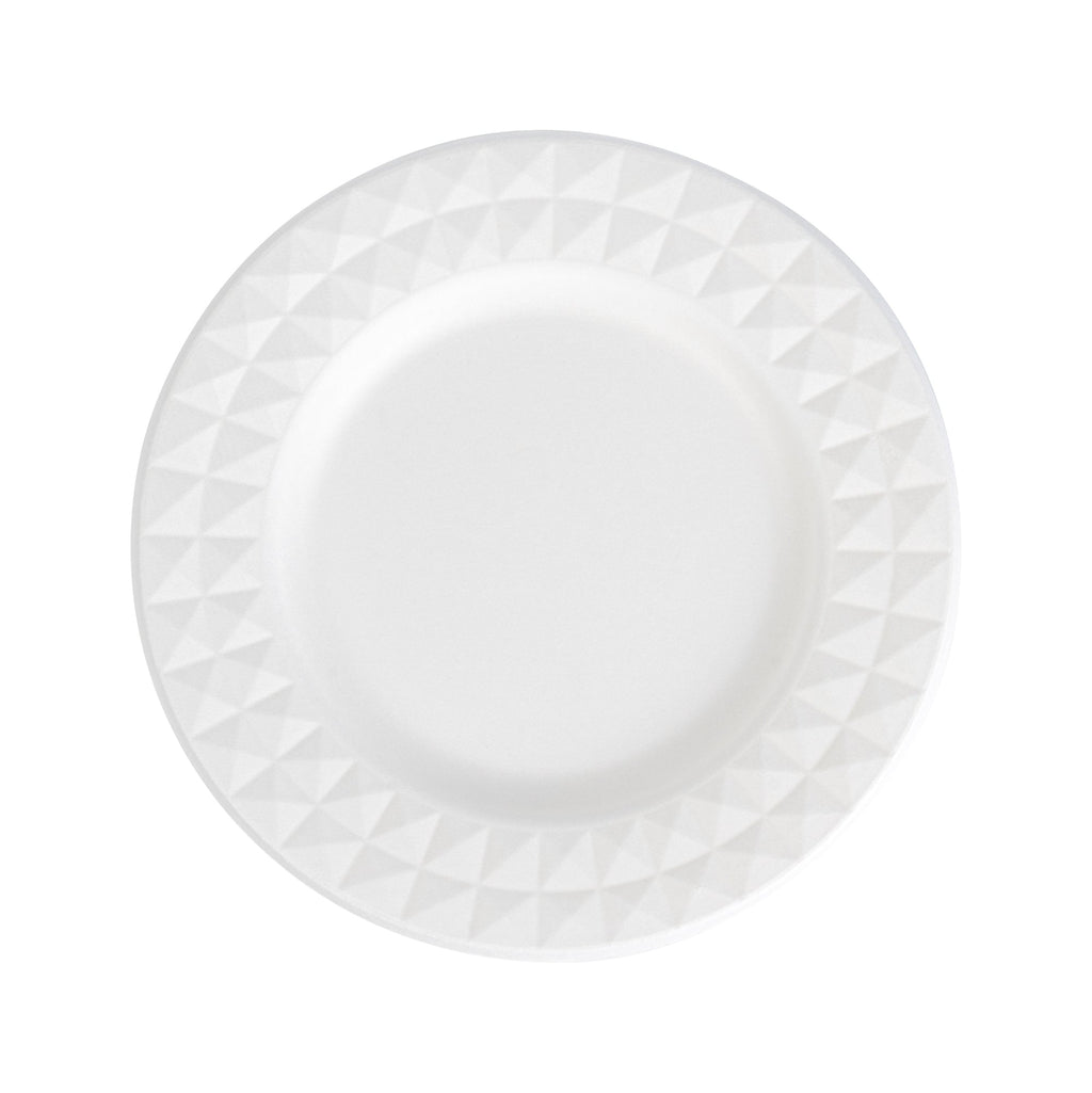 Pulp Safe No PFAS Added Round White Sugarcane / Bagasse Plate - Home Compostable, with Diamond Rim - 7" x 7" x 1/2" - 25 count box