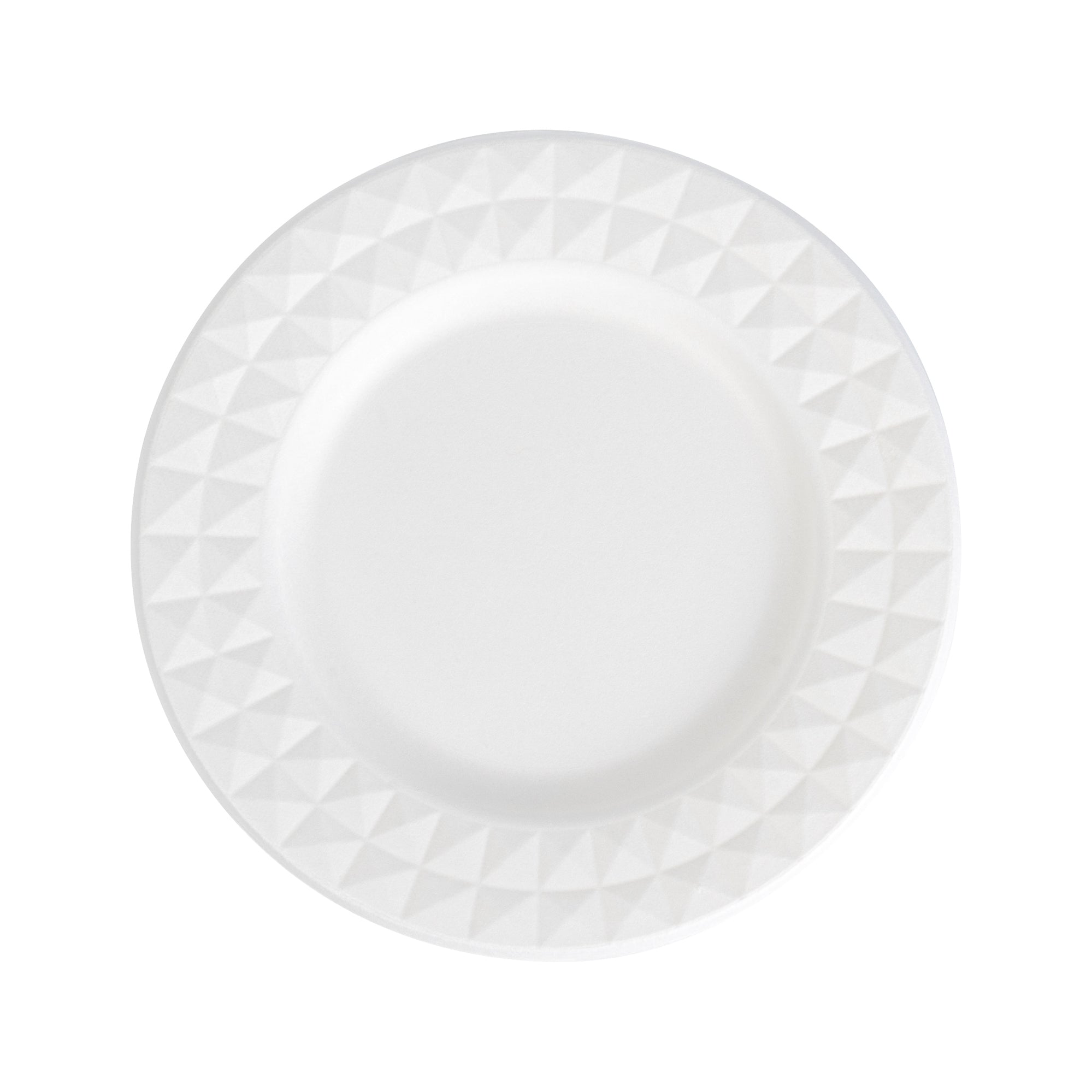 Pulp Safe No PFAS Added Round White Sugarcane / Bagasse Plate - Home Compostable, with Diamond Rim - 7" x 7" x 1/2" - 25 count box