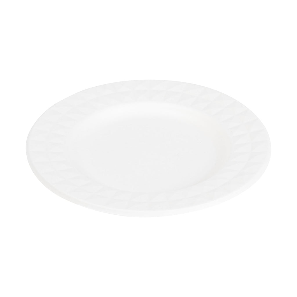 Pulp Safe No PFAS Added Round White Sugarcane / Bagasse Plate - Home Compostable, with Diamond Rim - 7" x 7" x 1/2" - 25 count box