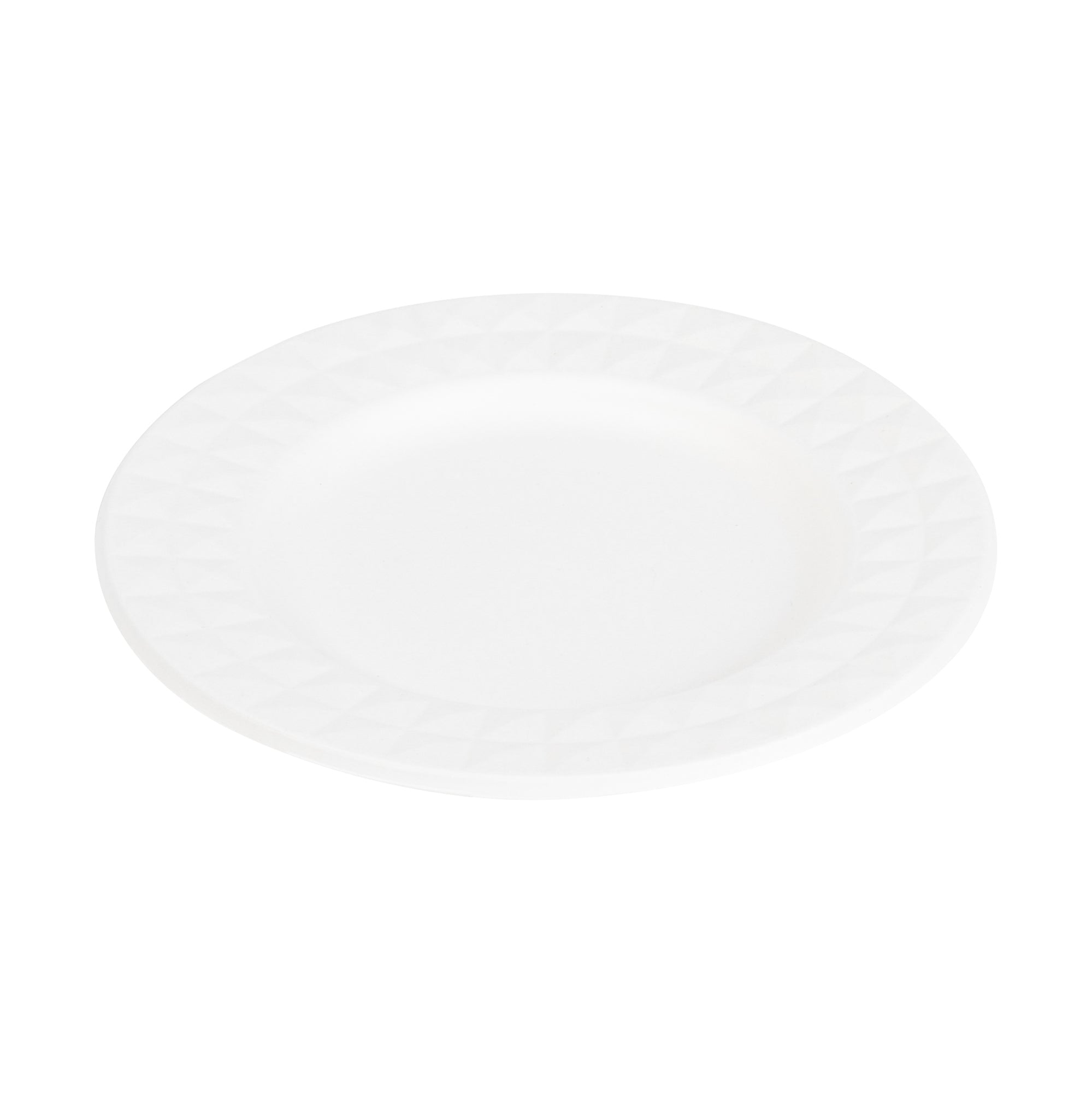 Pulp Safe No PFAS Added Round White Sugarcane / Bagasse Plate - Home Compostable, with Diamond Rim - 7" x 7" x 1/2" - 25 count box