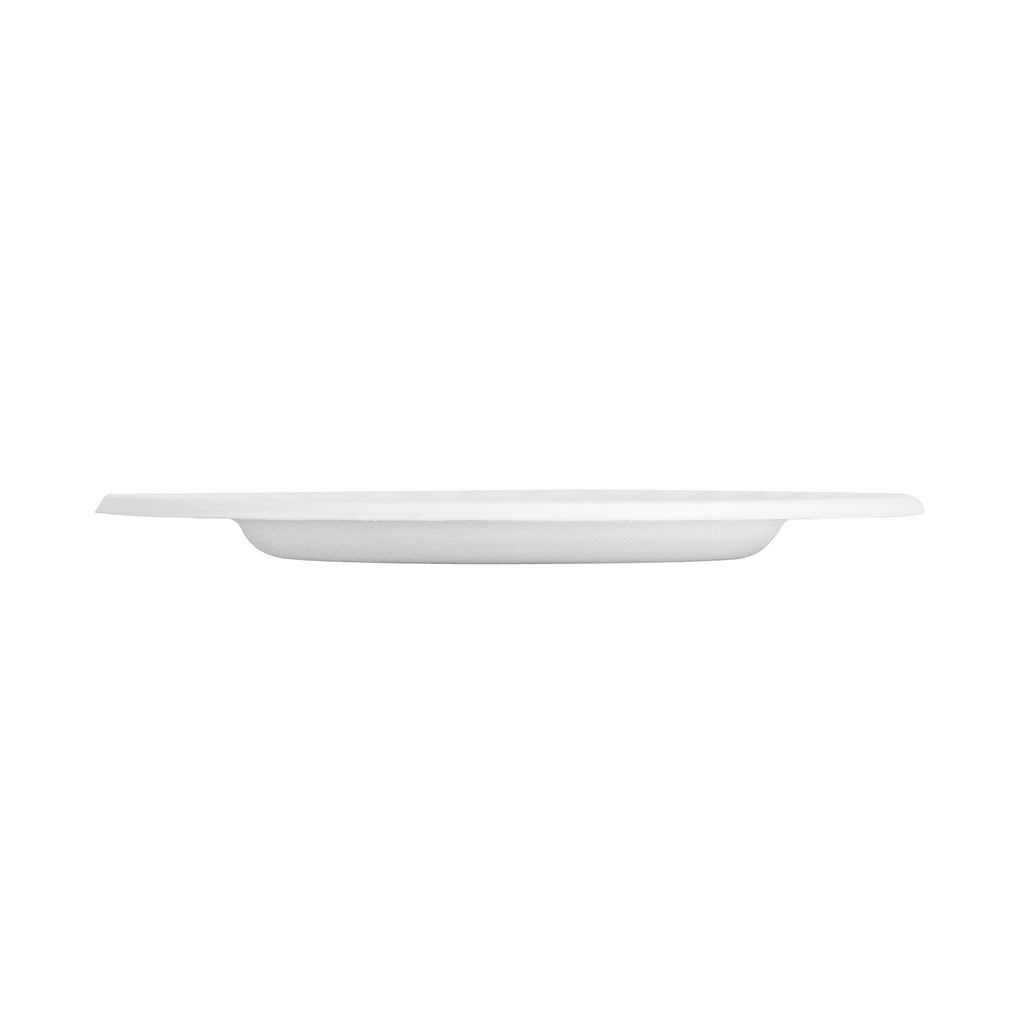 Pulp Safe No PFAS Added Round White Sugarcane / Bagasse Plate - Home Compostable, with Diamond Rim - 7" x 7" x 1/2" - 25 count box