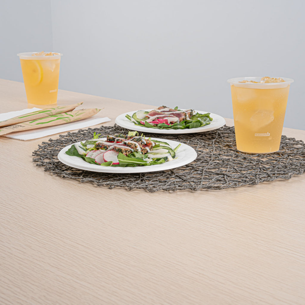 Pulp Safe No PFAS Added Round White Sugarcane / Bagasse Plate - Home Compostable, with Diamond Rim - 7" x 7" x 1/2" - 25 count box