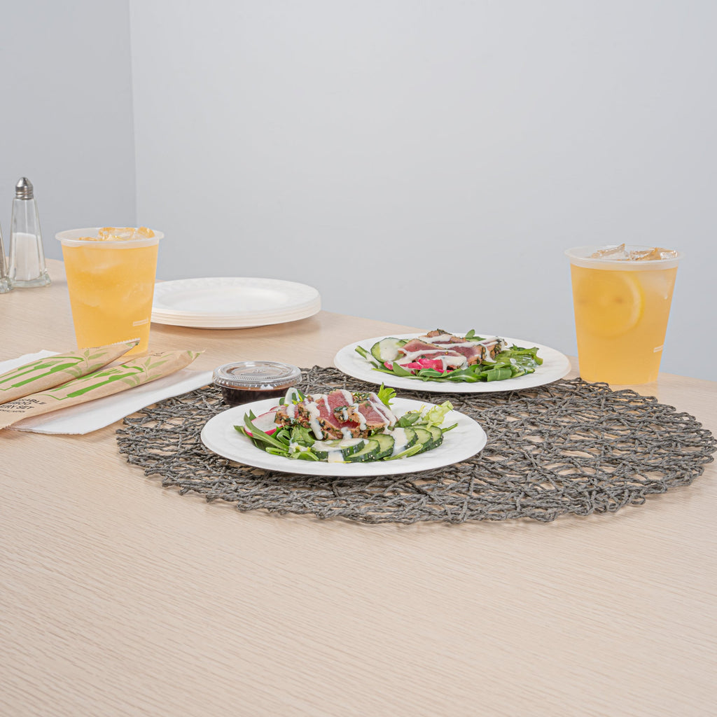 Pulp Safe No PFAS Added Round White Sugarcane / Bagasse Plate - Home Compostable, with Diamond Rim - 7" x 7" x 1/2" - 25 count box