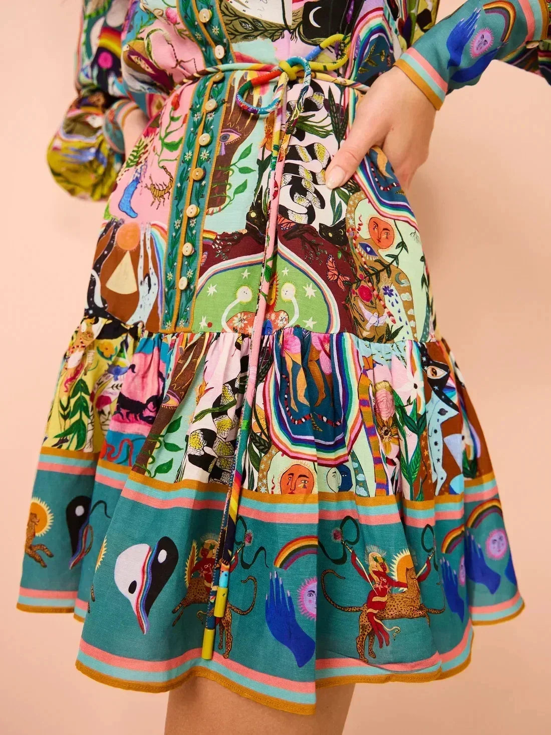 2025 printed round neck cinched waist strap pleated ruffle edge retro pleated dress cardigan temperament versatile dress