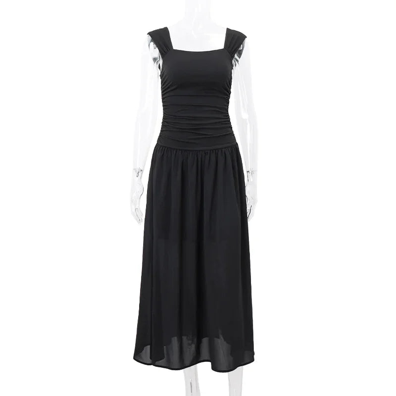 Ruched Bodycon Maxi Dress | Square Neck Slip Dress -femstylo