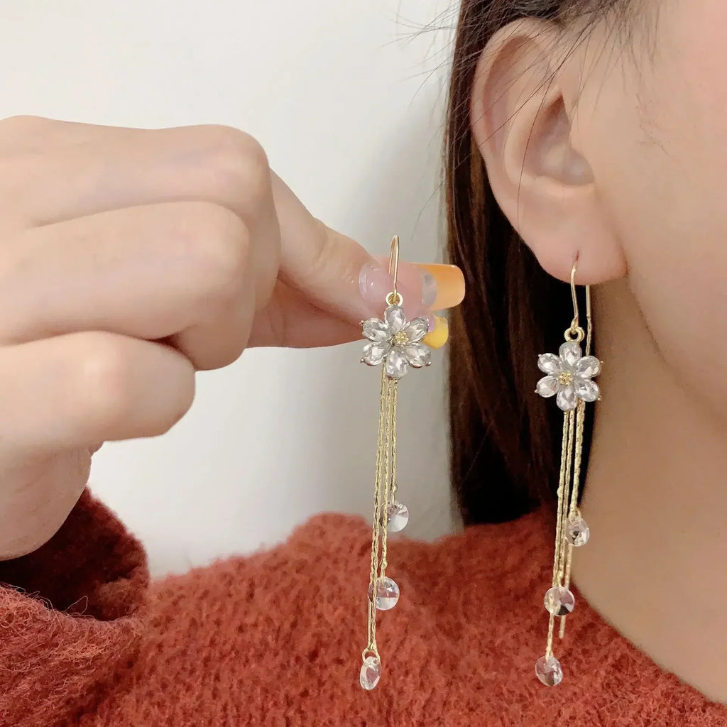 Green Shiny Zircon Flower Drop Earrings For Women Luxury Crystal Long Tassel Ear Line Hanging Earring Girls Wedding Jewelry Gift