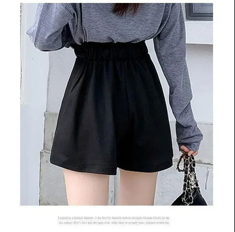 Summer Lightweight Black Casual Sports Pants Women Student Loose High-Waist Wide-Leg Shorts