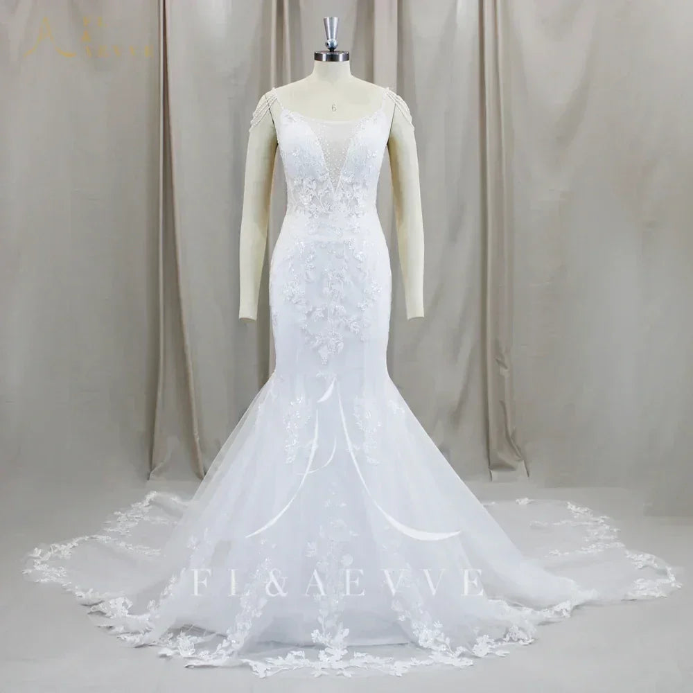 FL&AEVVE Customized Luvury Lace Wedding Dress Spaghetti Straps Beach Bridal Dresses Wedding Party Gown vestidos de novia