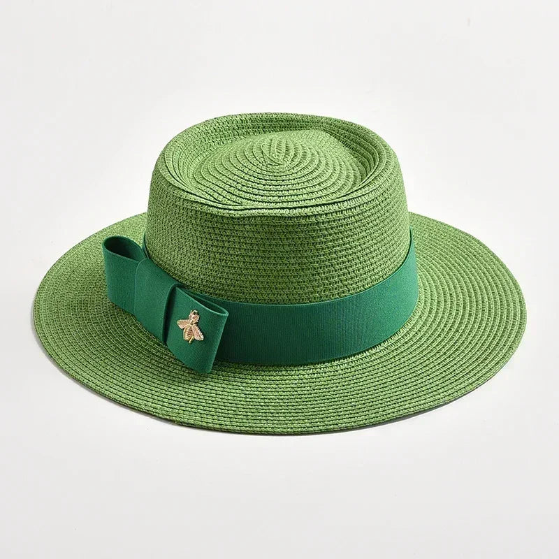NEW Spring Summer Straw Hats for Women Round Bumpy Surface Flat Top Bowknot Dress Cap Travel Beach Sun Hat Gorra