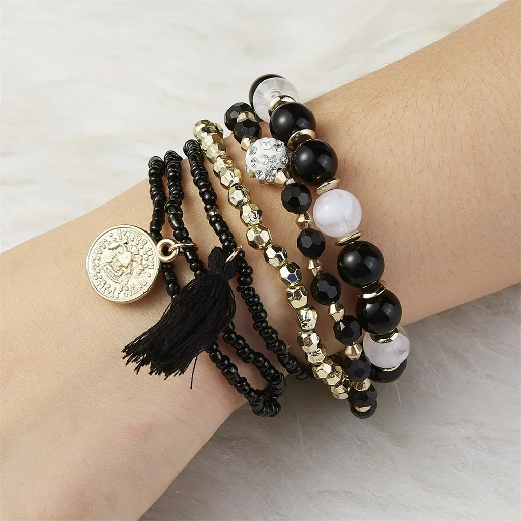 Bohemia Crystal Tassel Multicolor Beads Bracelets For Women Handmade Elastic Rope Charm Wrap Bracelet Summer Beach Party Jewelry
