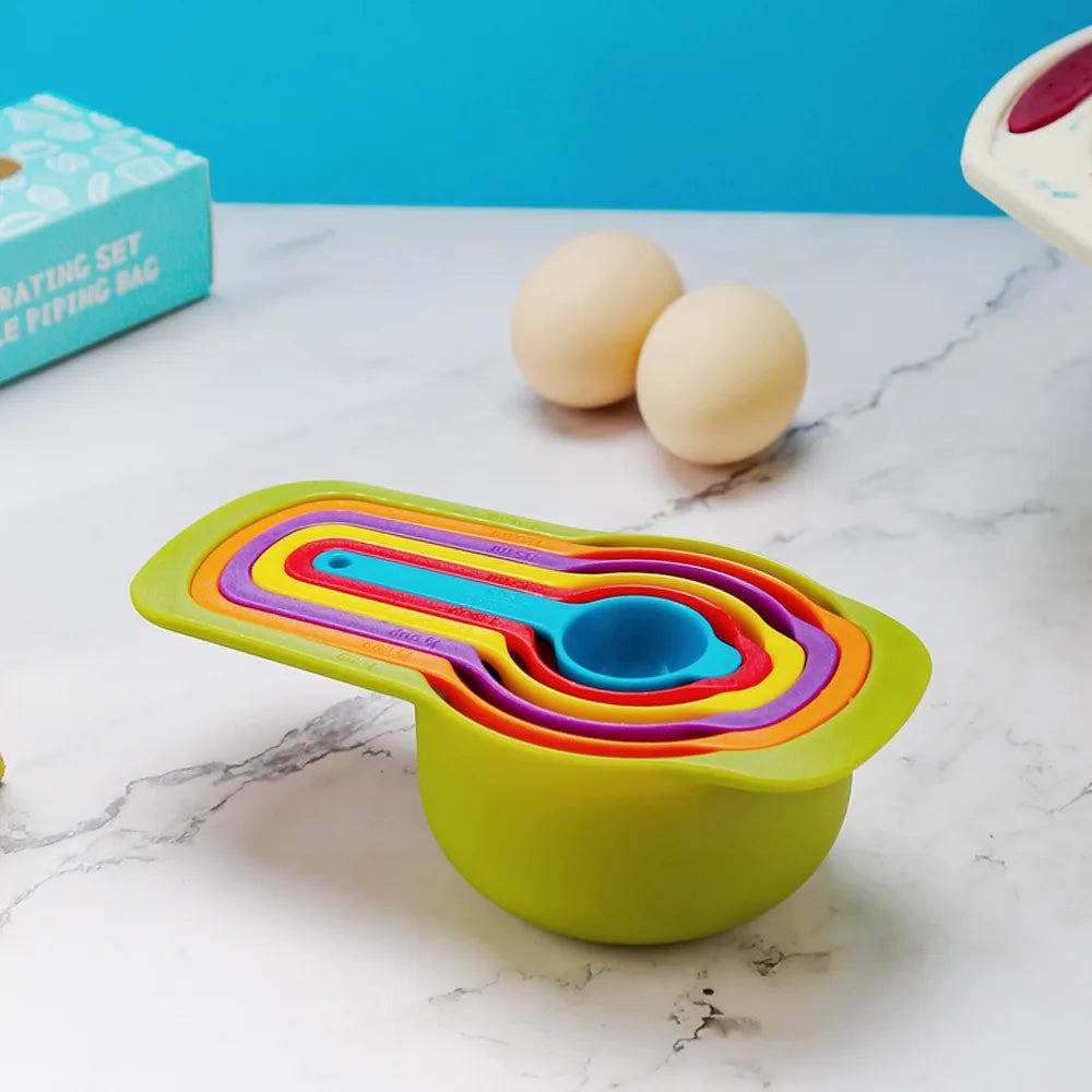 Rainbow Measuring Cup Set | Colored Plastic Flour Measuring Spoon Set for Baking