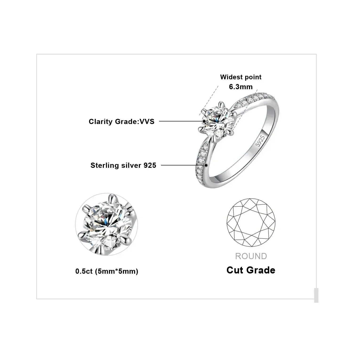 JewelryPalace Moissanite D Color 0.5ct 1ct 1.5ct 2ct 3ct Round S925 Sterling Silver Wedding Engagement Ring for Women