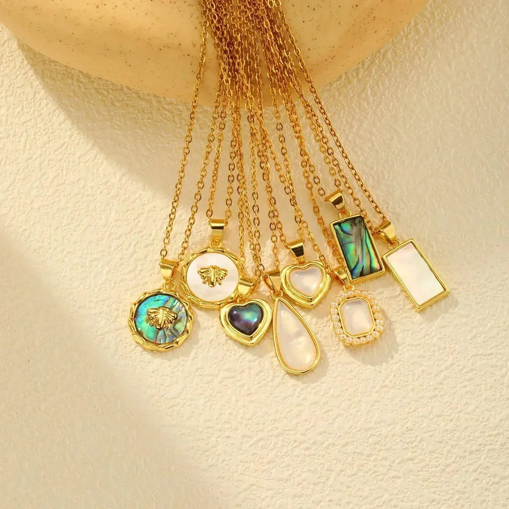 Summer Waterproof Necklace for Women, Nature Abalone Shell Heart Square Round Shape Pendant Statement Jewelry