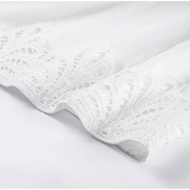 Elegant Lace Patchwork Hollow Out Dress Women Solid V-neck Long Lantern Sleeve Loose Dresses 2025 Spring Vacation Lady Robes