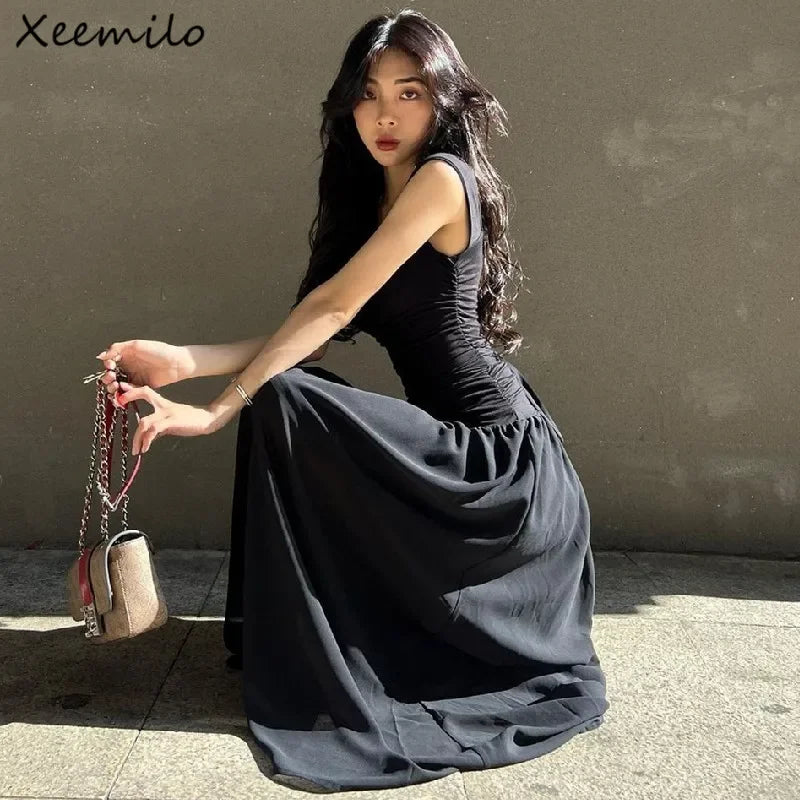 Ruched Bodycon Maxi Dress | Square Neck Slip Dress -femstylo