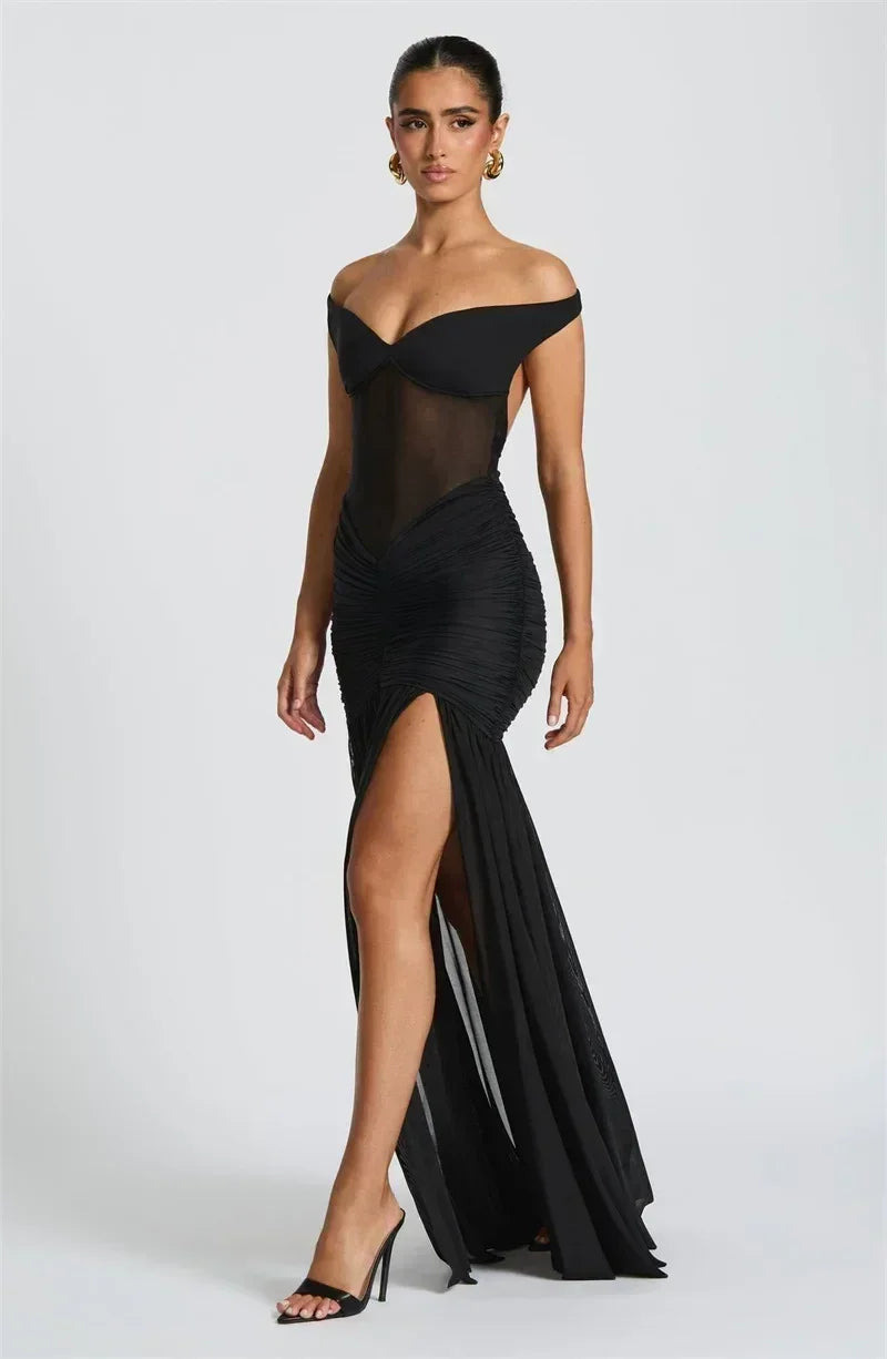 Mozision Off-shoulder Backless Sexy Maxi Dress Women Gown Halter Sleeveless Backless Thigh High Split Club Party Long Dress
