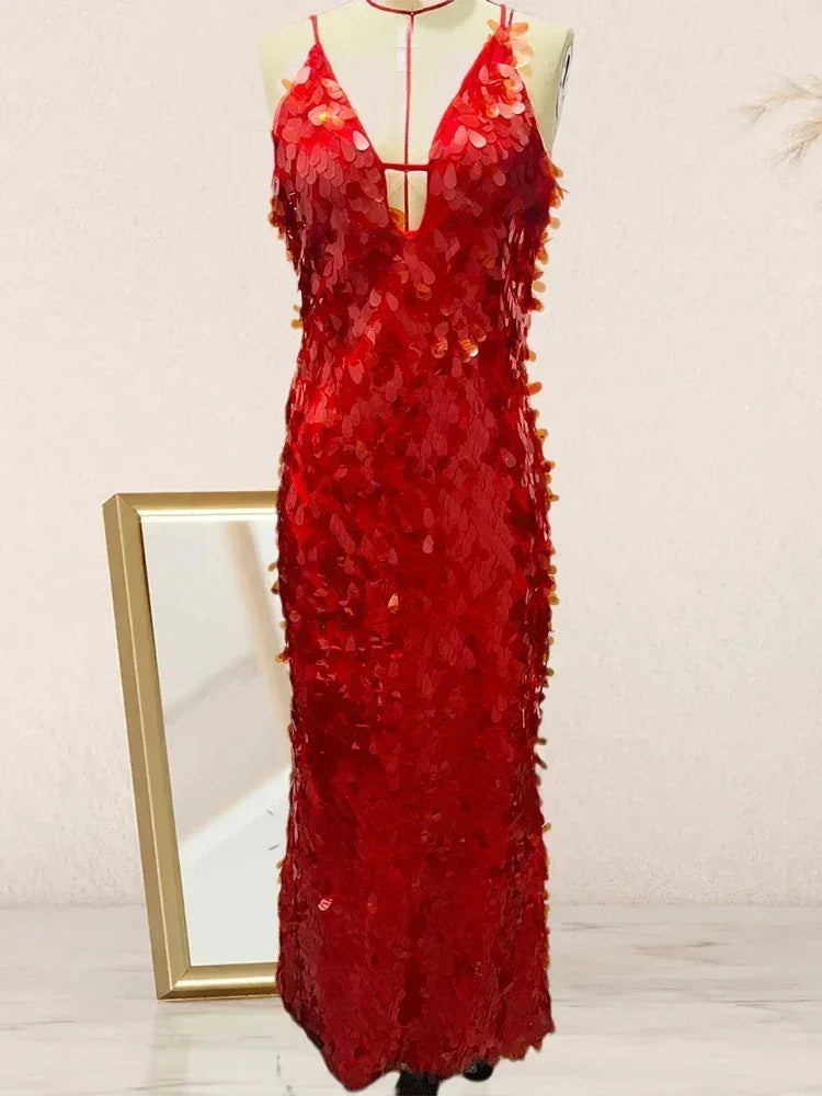 Sexy Women Maxi Dresses Elegant Sequins Sleeveless Female Long Dress Fashion  Solid Deep V Neck Ladies Party Robe Dress