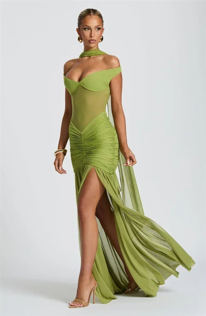 Mozision Off-shoulder Backless Sexy Maxi Dress Women Gown Halter Sleeveless Backless Thigh High Split Club Party Long Dress