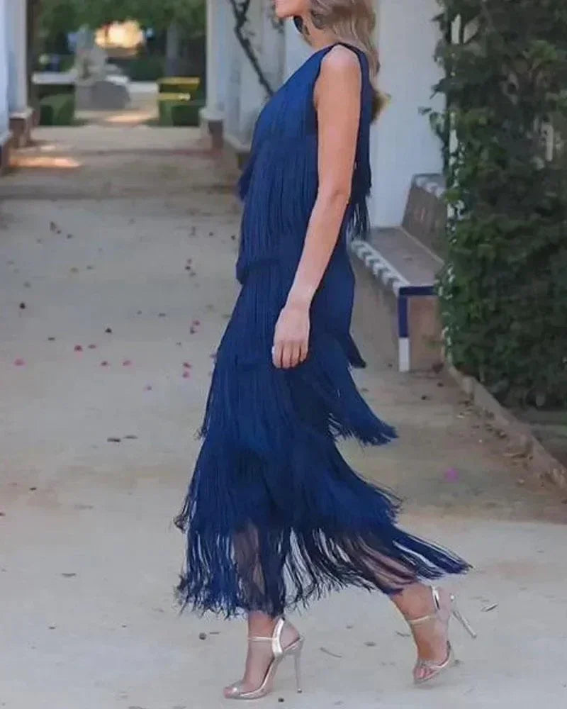 Spring and Summer New Fashion Fringed Slanted Shoulder Asymmetrical Dress for Women
