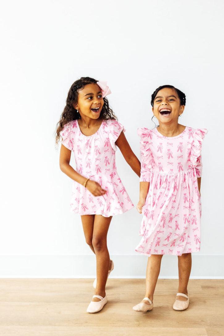 Twirling en Pointe 3/4 Sleeve Ruffle Twirl Dress