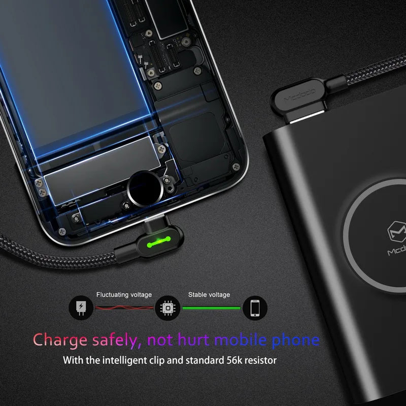 Type C Double elbow with light data cable for Samsung S8 Fabric Woven Charging Line for Huawei Mate 10 Data Cable