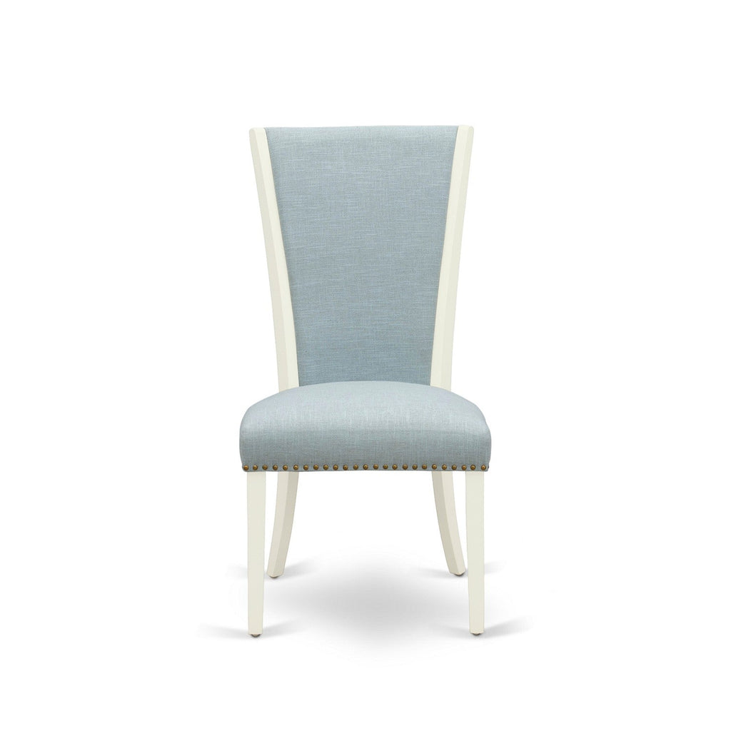 EAST WEST FURNITURE - CAVE7-LWH-15 - 7 Piece Dining Room Set - 6 Baby Blue Linen Fabric Dining Padded Chairs with High Back and 1 Kitchen Dining Table - linen white Finish