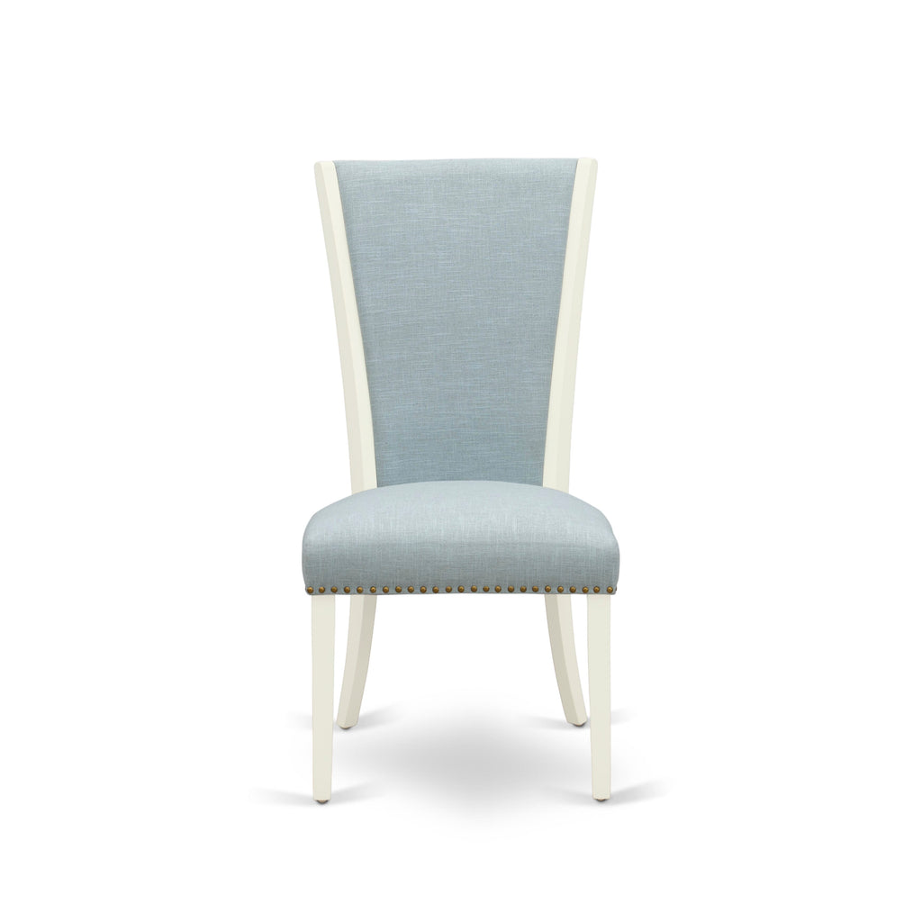 EAST WEST FURNITURE - AVVE5-LWH-15 - 5 Pc Dining Room Table Set - 4 Baby Blue Linen Fabric Dining Padded Chairs with High Back and 1 Removable leaf Oval Dining Table - linen white Finish