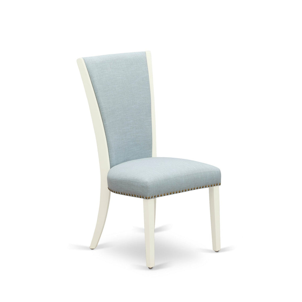 EAST WEST FURNITURE - CAVE7-LWH-15 - 7 Piece Dining Room Set - 6 Baby Blue Linen Fabric Dining Padded Chairs with High Back and 1 Kitchen Dining Table - linen white Finish